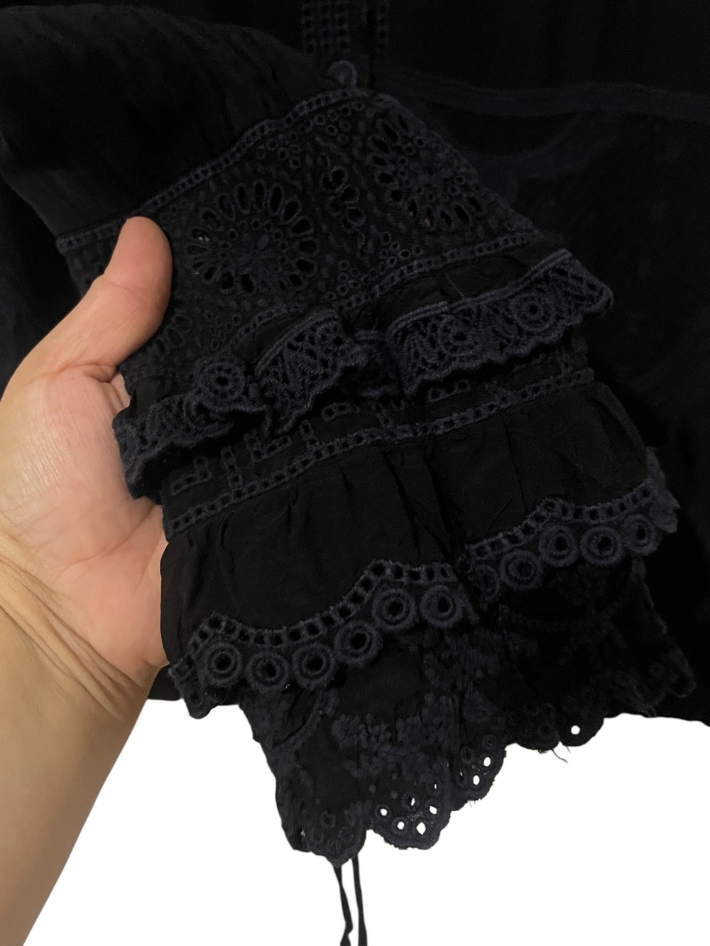 Johnny Was Black Embroidered Lace Blouse Boho Ruffle Sleeve Tie Hem Medium M - Picture 9 of 13